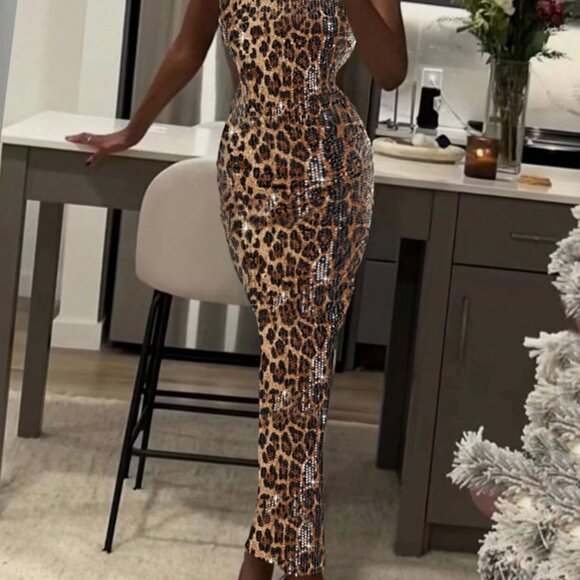 Brown Preppy Women's Metallic Sequin Square Neck Sleeveless Dress - Picture 3 of 7